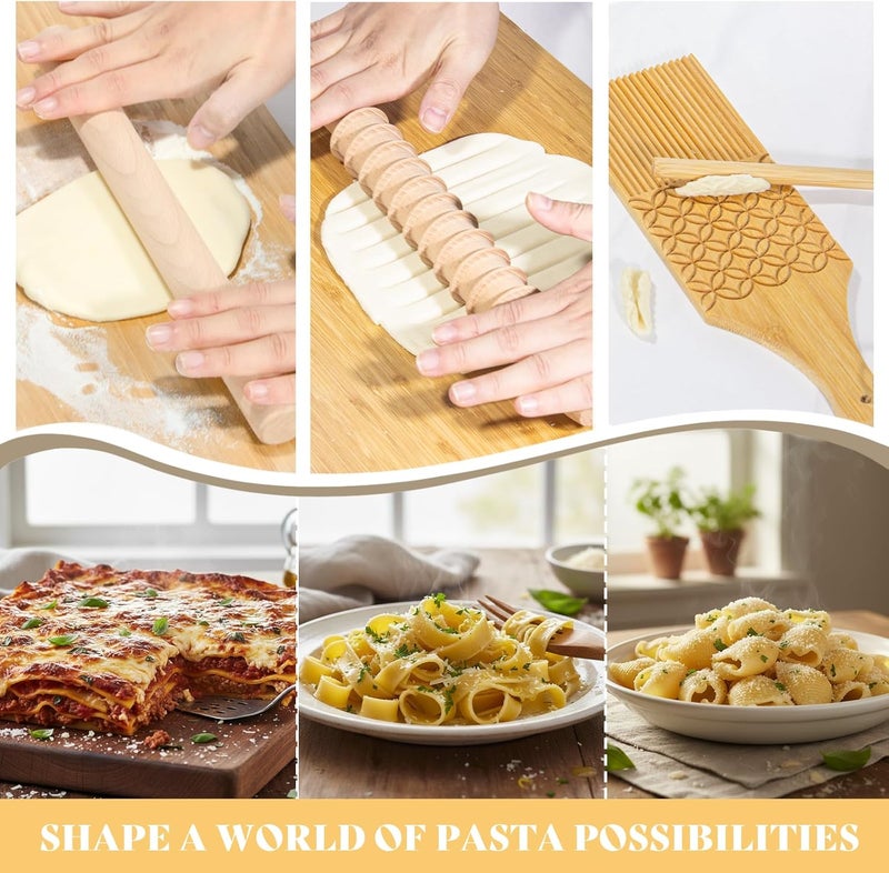 Krbnk Pasta Making Tools,13PCS Wood Pasta Making Kit with Pasta Rolling Pin,Ravioli Mold,Ravioli Cutter,Gnocchi Board,Pasta Stamps,Dumpling Tools,Stick Dough Scraper Making Accessories - Image 5
